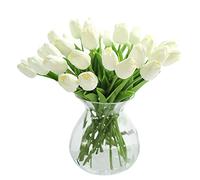 JUSTOYOU 10pcs Real Touch Latex Artificial Tulips Flowers Fake Tulips Flowers Wedding Bouquets for Wedding Home Garden Decoration (White)