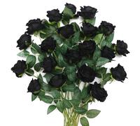 JUSTOYOU 20 PCS Black Rose Artificial Flower,Silk Blooming Rose with Stem,Artificial Rose Bouquet Realistic Flower for Home Table Office Party Wedding Garden Arrangements(black rose)