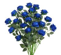 JUSTOYOU 20 PCS Blue Rose Artificial Flower,Silk Blooming Rose with Stem,Artificial Rose Bouquet Realistic Flower for Home Table Office Party Wedding Garden Arrangements(Blossom Roses blue)
