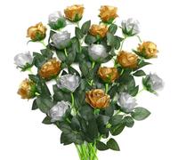 JUSTOYOU 20 PCS Rose Artificial Flower,Double Colour Silk Blooming Rose with Stem,Artificial Rose Bouquet Realistic Flower for Home Table Office Party Wedding Garden Arrangements(gold and silver)