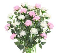JUSTOYOU 20 PCS Rose Artificial Flower,Double Colour Silk Blooming Rose with Stem,Artificial Rose Bouquet Realistic Flower for Home Table Office Party Wedding Garden Arrangements(white and pink)