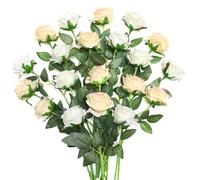 JUSTOYOU 20 PCS Rose Artificial Flower,Double Colour Silk Blooming Rose with Stem,Artificial Rose Bouquet Realistic Flower for Home Table Office Party Wedding Garden Arrangements(champagne and white)