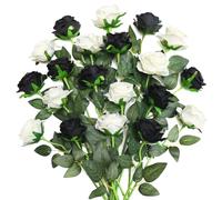 JUSTOYOU 20 PCS Rose Artificial Flower,Double Colour Silk Blooming Rose with Stem,Artificial Rose Bouquet Realistic Flower for Home Table Office Party Wedding Garden Arrangements(white and black)