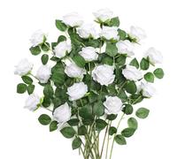 JUSTOYOU 20 PCS White Rose Artificial Flower,Silk Blooming Rose with Stem,Artificial Rose Bouquet Realistic Flower for Home Table Office Party Wedding Garden Arrangements(white rose)