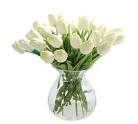 JUSTOYOU 20pcs Real Touch Latex Artificial Tulips Flowers Fake Tulips Flowers Wedding Bouquets for Wedding Home Garden Decoration(White)
