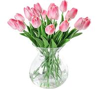 JUSTOYOU 20pcs Real Touch Latex Artificial Tulips Flowers Fake Tulips Flowers Wedding Bouquets for Wedding Home Garden Decoration(Pink)