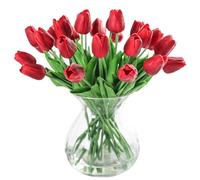 JUSTOYOU 20pcs Real Touch Latex Artificial Tulips Flowers Fake Tulips Flowers Wedding Bouquets for Wedding Home Garden Decoration(Red)