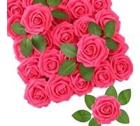 JUSTOYOU 25Pcs Artificial Rose Flowers,Real Touch Foam Rose Flower for Decorations,Fake Rose with Stems and Leaves for Wedding Bouquets, Valentine's Day,Flower DIY Arrangements Home Decor (Magenta)