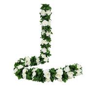 JUSTOYOU 2PCS 7.3FT Artificial White Rose Garland Vines Hanging Silk Flowers Artificial Flower Fake Garlands for Outdoor Indoor Wedding Wall Garden Badroom Decoration（White）