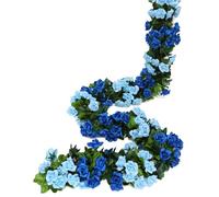 JUSTOYOU 2pcs 7.8FT Double Color Artificial Blue Fake Rose Garland Vines Hanging Silk Flowers Artificial Flower for Outdoor Indoor Wedding Wall Badroom Decoration (Blue, 13 Heads)
