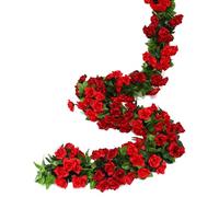 JUSTOYOU 2pcs 7.8FT Double Color Artificial Fake Rose Garland Red Vines Hanging Silk Flowers Artificial Flower for Outdoor Indoor Wedding Wall Badroom Decoration (Red, 13 Heads)