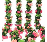 JUSTOYOU 4pcs 31.5FT Artificial Fake Rose Garland Vines,Double Color Hanging Silk Flowers Artificial Flower for Outdoor Indoor Wedding Wall Badroom Decoration(4, Pink)
