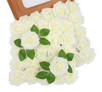 JUSTOYOU 50Pcs Artificial Rose Flowers,Real Touch Foam Rose Flower for Decorations,Fake Rose with Stems and Leaves for Wedding Bouquets, Valentine's Day,Flower DIY Arrangements Home Decor (Milk white)