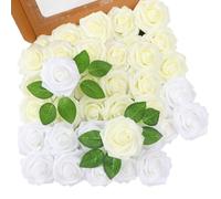 JUSTOYOU 50Pcs Artificial Rose Flowers,Real Touch Foam Rose for Decorations,Fake Rose with Stems and Leaves for Wedding Bouquets, Valentine's Day,Flower Arrangements Home Decor(Milk white+white)