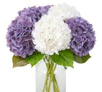 JUSTOYOU Hydrangea Artificial Flowers - 4 PCS Double Color Single Long Stem, 19.6 Inch Large Real Touch Bouquet for Wedding Home Party (White, Light Purple)