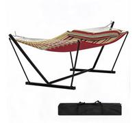 JustSmart Quilted Double Hammock with Heavy Duty Metal Stand & Pillow | Large Outdoor Garden Hammock Swing Bed, Weather Resistant Fabric, 2 Person Capacity for Patio Backyard Lawn Camping