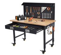 JustSmart Workbench Adjustable Height 72-100cm Oak Plank & Carbon Steel Heavy Duty 2000lbs Capacity Black Bench 48"x24" Hardwood 3m Cable 30 Hooks