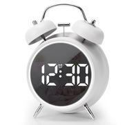 JUSTUP Digital Small Alarm Clock, 4.5 Inch Double Bell Intelligent LED Alarm Clock, Silent Metal Alarm Clock with Night Light, Bedside Loud Alarm Clock for Heavy Sleepers Adults Kids Teenager (White)