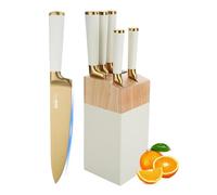 JUSTUP Gold Knife Set, 6 Pieces Titanium Coated Knife Block Set with Pink Wood Block, Ultra Sharp Stainless Steel Chef Knife Sets for Kitchen Built-in Sharpener, Kitchen Accessories and Decor (White)