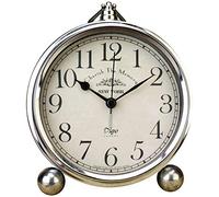 JUSTUP Vintage Table Clock, Iron European Style Desk Clock Battery Operated Non-Ticking Mantle Clock for Home Decor (Silver)