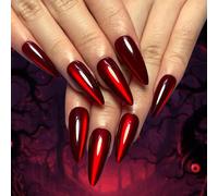 JUSTUSNX 24 Pcs Dark Halloween Vampire Fake Nails Red Long Stiletto False Nails Red Blood Drops Press on Nails for Women and Girls (B)