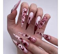 JUSTUSNX 24 Pcs Dark Halloween Vampire Fake Nails Red Long Stiletto False Nails Red Blood Drops Press on Nails for Women and Girls (D)