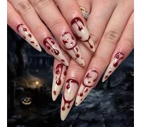 JUSTUSNX 24 Pcs Dark Halloween Vampire Fake Nails Red Long Stiletto False Nails Red Blood Drops Press on Nails for Women and Girls (C)