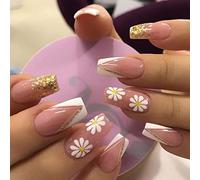 JUSTUSNX 24pcs Square French Fake Nails Pink Blue Gradient False Nails Glossy Daisy Flower Butterfly Crystal Press on Nails for Women and Girls (B)