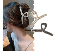 JUSTUSNX 2pcs Large Metal Hair Claw Clips, Gold and Black Strong Hold Hair Jaw Clips, Pearl Rhinestone Shark Claw Clips Clamp, Headdresses Hair Styling Accessories for Women and Girls Thin Thick Hair