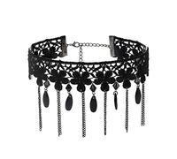 JUSTUSNX Black Lace Collar Chain Crystal Pendant Necklace Tassel Necklace Gothic Hollow Flower Choker Jewelry Halloween Accessories for Women and Girls (B)