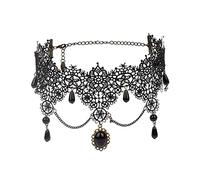JUSTUSNX Black Lace Collar Chain Crystal Pendant Necklace Tassel Necklace Gothic Hollow Flower Choker Jewelry Halloween Accessories for Women and Girls (E)