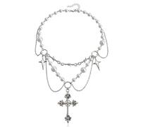 JUSTUSNX Punk Crystal Cross Pearl Necklace Silver Gothic Rhinestone Choker Crucifix Pendant Necklace for Women and Girls (A)