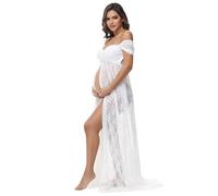 JustVH Maternity Dresses for Photoshoot Off Shoulder Chiffon Lace Gown Split Front Maxi Photography Dresses, E-white, M