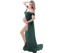 JustVH Maternity Dresses for Photoshoot Off Shoulder Chiffon Lace Gown Split Front Maxi Photography Dresses, Green(lace Top), Small