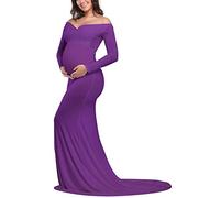 JustVH Maternity Elegant Fitted Maternity Gown Long Sleeve Cross-Front V Neck Slim Fit Maxi Photography Dress for Photoshoot - purple - Small