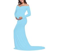 JustVH Maternity Elegant Fitted Maternity Gown Long Sleeve Cross-Front V Neck Slim Fit Maxi Photography Dress for Photoshoot - blue - Medium