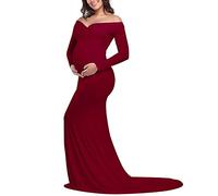 JustVH Maternity Elegant Fitted Maternity Gown Long Sleeve Cross-Front V Neck Slim Fit Maxi Photography Dress for Photoshoot - red - Medium
