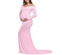 JustVH Maternity Elegant Fitted Maternity Gown Long Sleeve Cross-Front V Neck Slim Fit Maxi Photography Dress for Photoshoot - pink - Medium