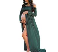 JustVH Maternity Off Shoulder Chiffon Gown Long Sleeve Front Split Maxi Photography Dress for Photoshoot, Dark Green, M