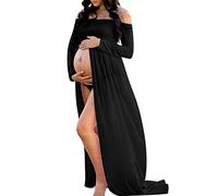 JustVH Maternity Off Shoulder Chiffon Gown Long Sleeve Split Front Maxi Photography Dress - Black - Medium