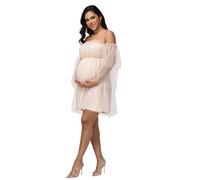 JustVH Women's Maternity Off Shoulder Ruffle Sleeves Mesh Baby Shower Dress for Photoshoot Party Mini Short Gown, Beige, M