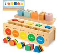 JUSTWOOD 2 in 1 Montessori Toys for 1 2 3 Years Old,Color & Shape Sorting Matching Toy for 1 Year Old Boys and Girls Wooden Sorting and Stacking Toys for Toddlers 1-3,Educational Toys for 2+ Year Old