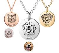 Justyling Personalised Pet Portrait Necklace, Handmade Pet Memorial Jewelry Gift, Customised Round Disc Photo Engraved Necklace Pet Gifts, Pet Memorial Gifts for Dogs