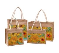 Jute Bag with Sunflower Pattern, Jute Shopping Bags with Front Canvas Pocket,Pattern Reusable Grocery Bag Natural Tote Bag Small 30x15x22cm,Van Gogh Sunflower