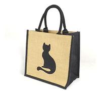 Jute Hessian Medium Black Trim Bag - Printed Cat Motif - 30 cm high x 30 cm Wide x 20 cm Depth