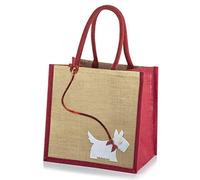 Jute Hessian Medium Red Trim Shopping Bag - Scottie Dog on Sequin Lead 30x30x20cm (Red)