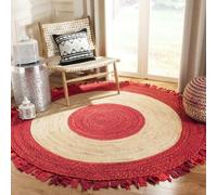 Jute Rug Hand Braided Farmhouse Jute & Cotton Area Rug, Beige with Red Cotton Loop Border Round Shape For Living, Indoor & outdoor, Kitchen Hallway Carpet Rug