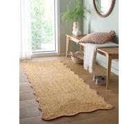 Jute Scallop Handwoven Rug with Scalloped Wool Border, Handmade Braid Stitched Rug for Living Room, Bedroom, Porch, Patio & Hallway Natural with Peach Edges Runner 67 x 200 cm (2'2"x6'7")
