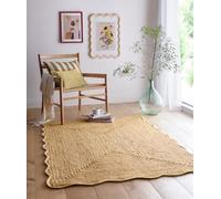 Jute Scallop Handwoven Rug with Scalloped Wool Border, Handmade Braid Stitched Rug for Living Room, Bedroom, Porch, Patio & Hallway Natural with Yellow Edges Large 160 x 230 cm (5'3"x7'7")