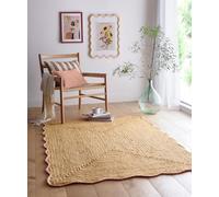 Jute Scallop Handwoven Rug with Scalloped Wool Border, Handmade Braid Stitched Rug for Living Room, Bedroom, Porch, Patio & Hallway Natural with Peach Edges Large 160 x 230 cm (5'3"x7'7")